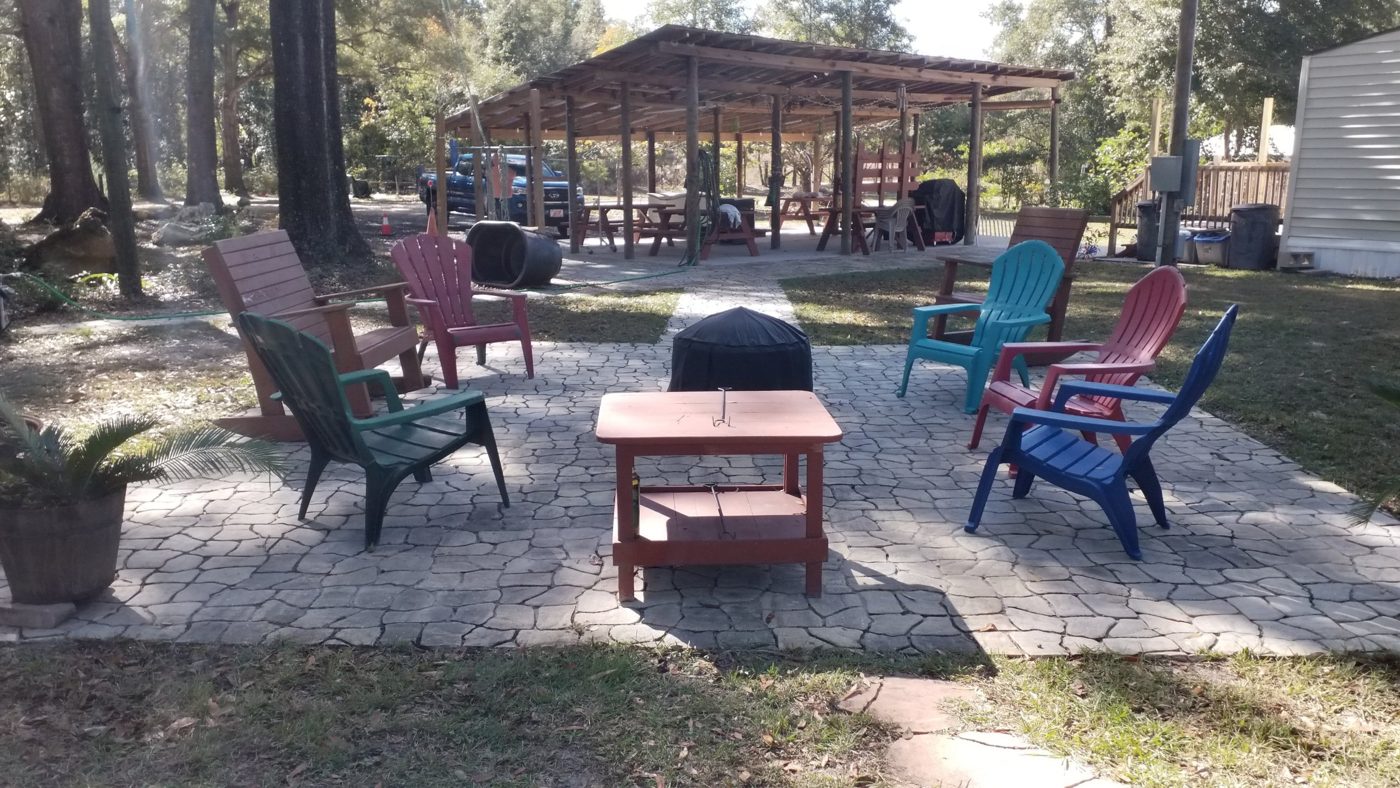 Fire pit circle with Adirondack chairs