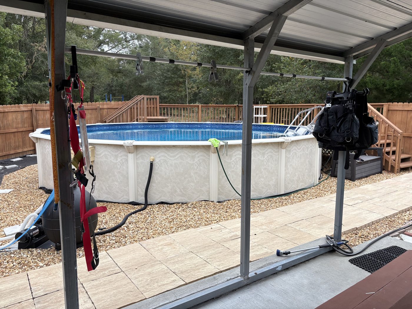 View of the pool from the covered gear-up area